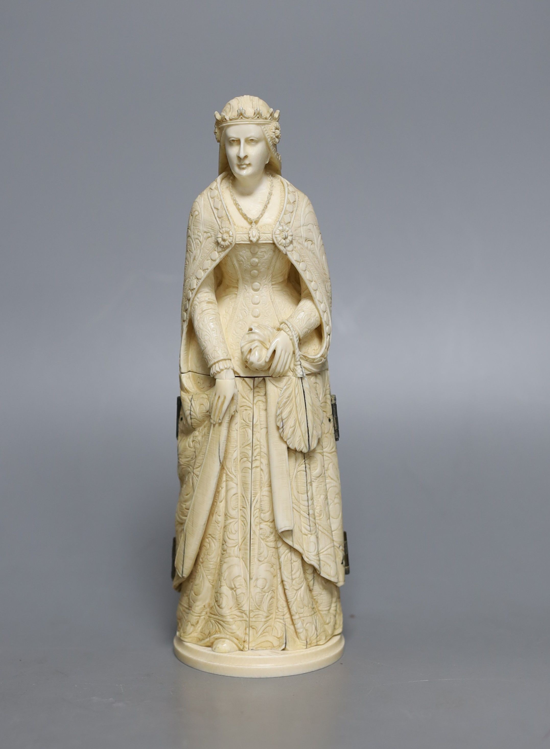 A late 19th century Dieppe ivory triptych figure of Eleanor of Aquitaine, 20cm 21 cm high